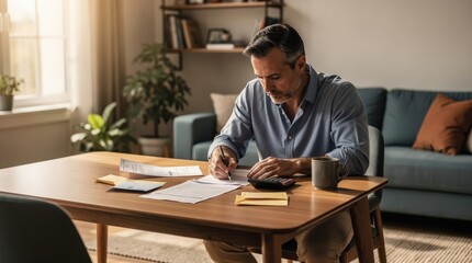 Obraz premium A man sits at a wooden table in a cozy living room, working on paperwork with a calculator and coffee mug nearby.