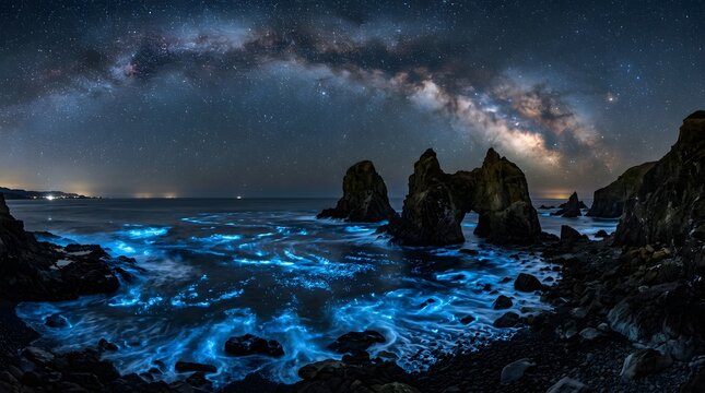 Nighttime seascape with glowing bioluminescent waves under starry sky.