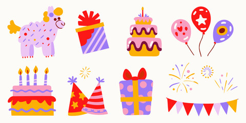 Birthday party elements vector illustration with llama presents cakes balloons and festive decorations celebration alpaca © Apurba