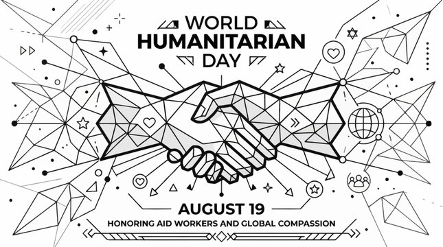 World Humanitarian Day handshake illustration with geometric wireframe style.