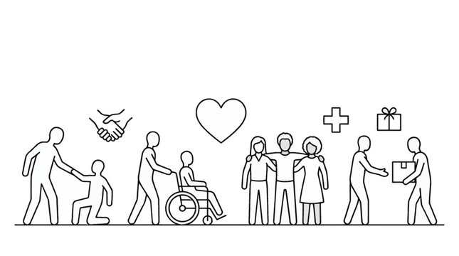 Charity and volunteer work concept with diverse people helping each other.