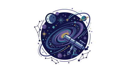 Fototapeta premium Telescope observing colorful galaxy and planets in stylized outer space flat vector illustration