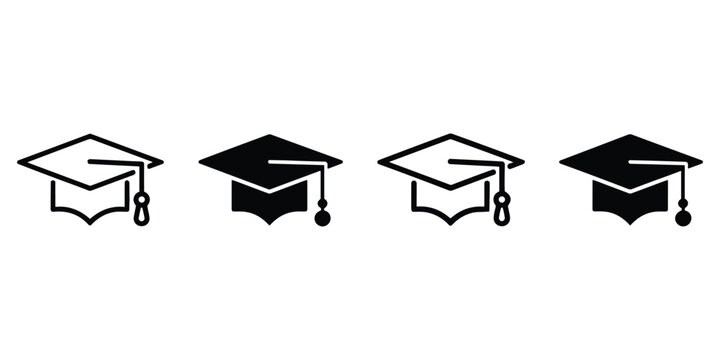 Graduation cap variations in solid and outline silhouettes representing academic success degree