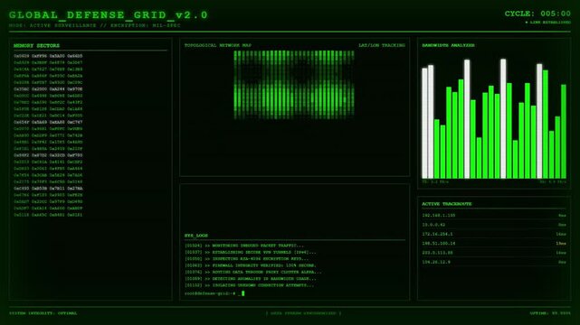 Global Defense Grid Military Surveillance Network Animation Green Screen.