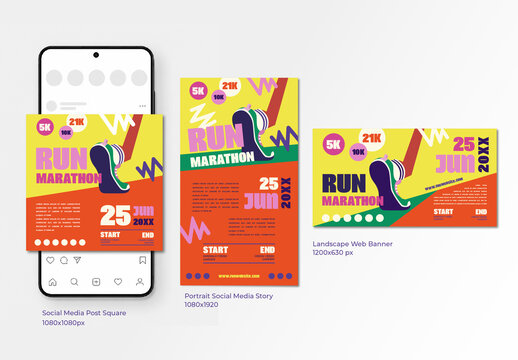 Running Competition Social Media Post Template Layout Set, Colorful 2D Vector Digital Marketing Kit