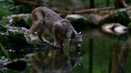 Obraz premium An elusive lynx drinks peacefully from a serene stream set against a beautiful tranquil natural backdrop