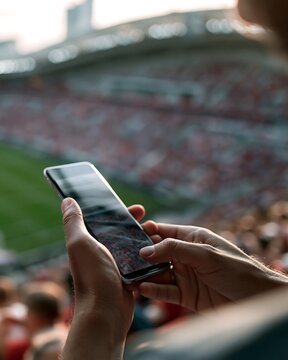 Football supporter browsing match schedule and live results on smartphone during stadium event, modern fan engagement and digital sports experience