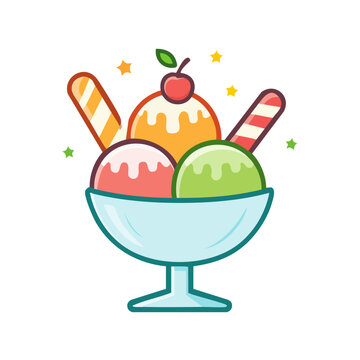 Colorful Ice Cream Sundae Flat Vector Illustration