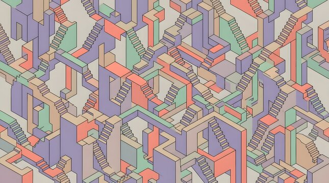 Intricate isometric maze featuring endless staircases and geometric architectural structures rendered in soft pastel colors with a clean minimalist aesthetic style