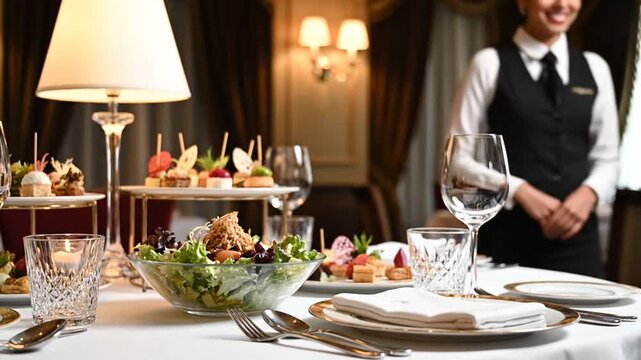 Formal dining table setting with white tablecloth, fine china plates, polished silverware, crystal glassware, and folded napkins for an upscale banquet or luxury restaurant interior.
