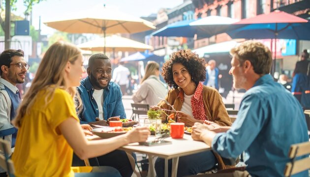 Diverse group enjoying a lively outdoor lunch meeting and conversation