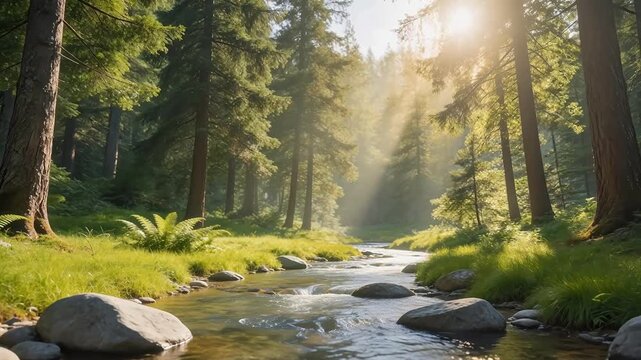 Forest stream with sunlight beams