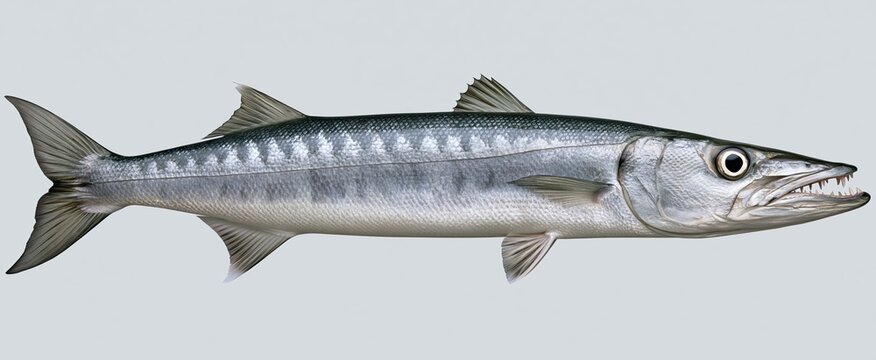 Silver barracuda with prominent teeth displayed on a simple light gray backdrop for fishing or marine themes.