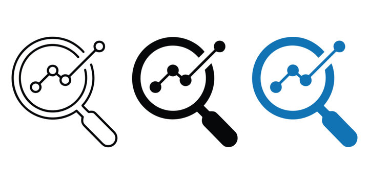 Magnifying glass over financial chart, research and analytics concept icon set, vector collection