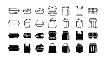 Modern set of food delivery takeout packaging containers bags and boxes in vector icon format perfect for various design projects © ABDULLAH