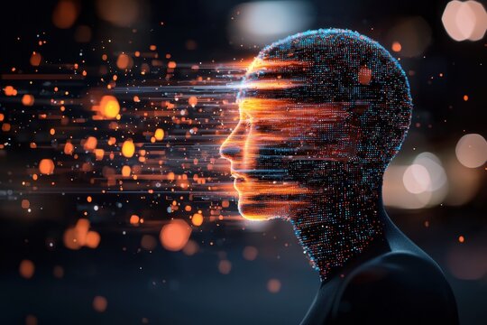 Digital human silhouette glowing face data stream particle trail abstract technology side view dark background futuristic portrait cyberspace concept motion blur