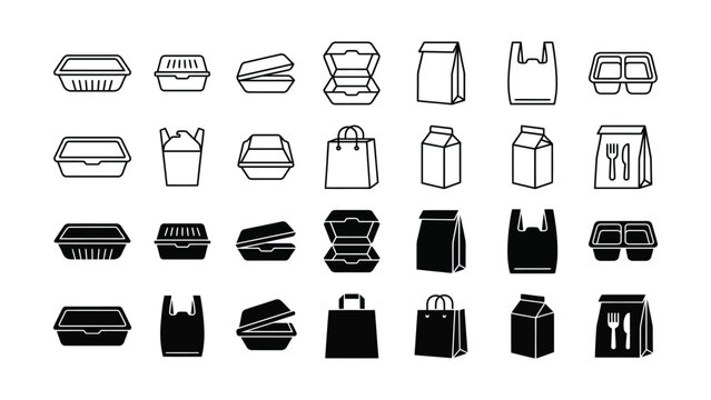 Modern set of food delivery takeout packaging containers bags and boxes in vector icon format perfect for various design projects