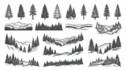 Vintage Forest and Mountain Landscape Elements Collection - Hand Drawn Style © wati
