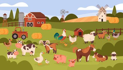 Naklejka premium Farm animal banner. Landscape. Cute cartoon pets. Various animals and farm equipment. Cow, horse, pig, sheep, goose. Barn, tractor, mill, and hay. Vector illustration.