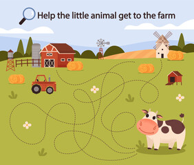 Fototapeta premium Help the little animal get to the farm. Logic game for children. Maze. Riddle. Preschool education. Find. Guess the correct answer. Farm animal. Cow. Barn, haystack, tractor, mill. Vector illustration
