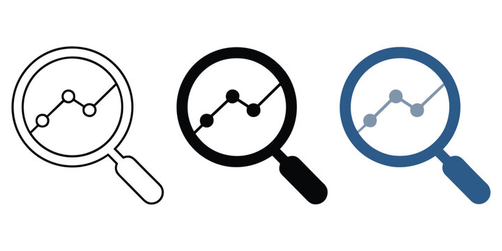 Magnifying glass search icon set with line solid and blue chart graphics for business analytics, vector collection