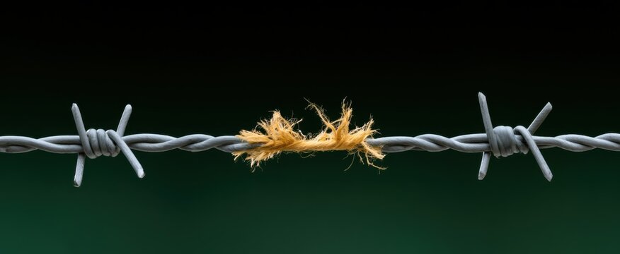 Frayed wire tensioned tightly, symbolizing fragile links under strain and vulnerability, illustrating stress, weakness, and the brink of snapping as a metaphor for fragile resilience.