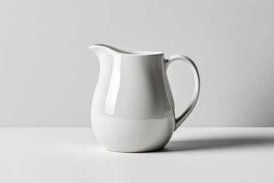 White ceramic pitcher with curved handle and smooth glossy surface on white background, clean minimal kitchenware still life