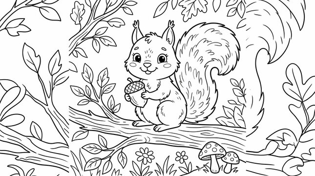 Squirrel holding acorn on tree branch in forest