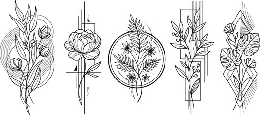 Botanical line art collection with floral arrangements and geometric shapes on a white background