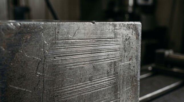 Closeup of scratched metal block edge with linear machining marks and industrial wear