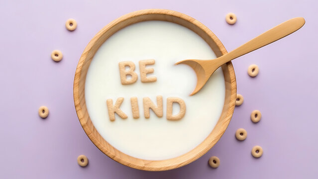 Bowl of milk with be kind letter cookies and scattered cereal rings letters