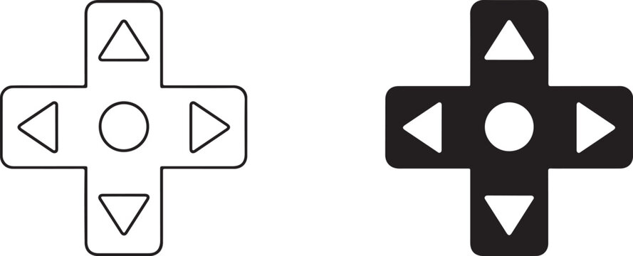 Classic video game d-pad black silhouette and outline line art.