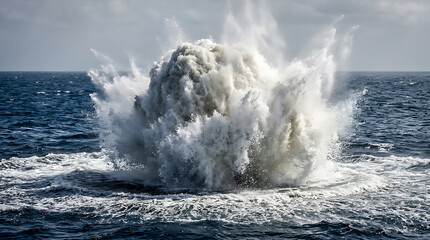 Obraz premium A massive wave crashes powerfully on the ocean surface creating a large spray