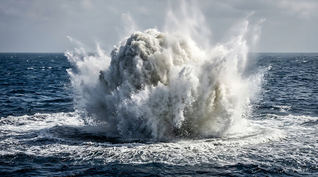 A massive wave crashes powerfully on the ocean surface creating a large spray