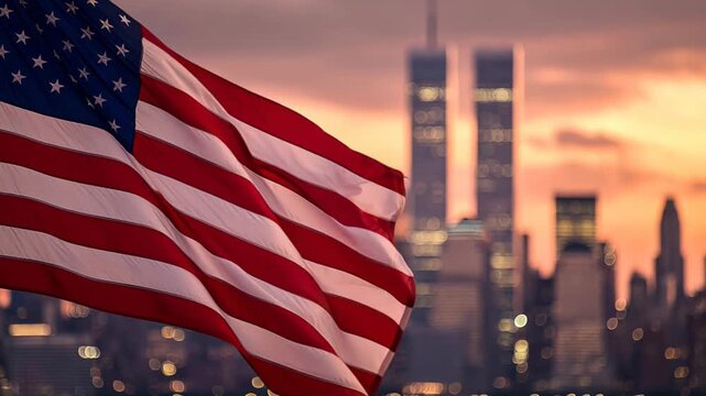 American flag waving before iconic twin towers at golden sunset bokeh light