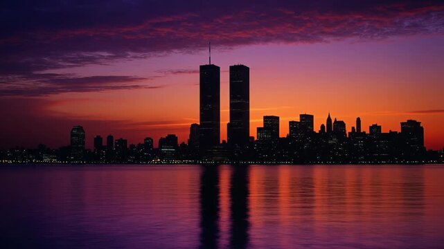 Iconic twin towers silhouette against vibrant orange sunset over harbor water