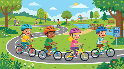 Fototapeta premium A diverse group of cheerful children enjoying a fun bicycle ride together on a winding path through a vibrant green park on a sunny day