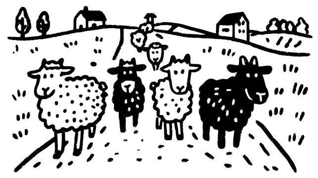 Cartoon illustration of a set of sheep in a rural pasture. Simple and flat vector design featuring both black and white sheep with a farmhouse and hills.