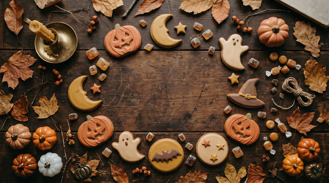 Halloween cookies and autumn leaves frame on wooden background with copy space.〈木製背景の、コピースペース付きハロウィンクッキーと秋の葉のフレーム〉
