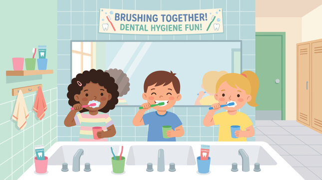Happy diverse children brushing their teeth together in a school washroom, promoting good dental hygiene habits and a healthy, clean smile