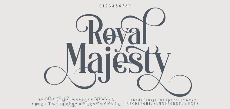 Royal Majesty typography beauty fashion elegant minimalist serif italic fonts decorative wedding vintage retro logos. Minimal luxury font alphabet logo. Vector illustration