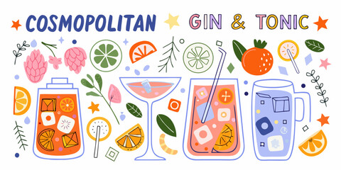 Cocktail and garnish vector illustration with citrus slices herbs and colorful glassware cosmopolitan gin tonic © Apurba
