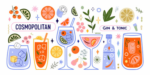 Cosmopolitan And Gin Tonic Illustration Hand drawn Style With Citrus Fruit And Garnishes cocktail drink © Apurba