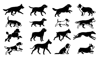 Running standing and sitting dog silhouette poses collection isolated vector set © Crafts Home