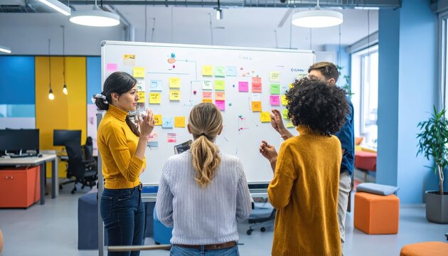 Diverse team actively brainstorming ideas on a whiteboard with sticky notes in a modern office space