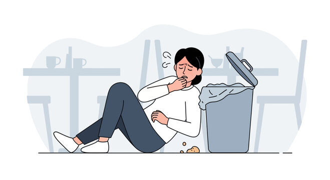 Woman Experiencing Nausea and Vomiting in Public Space, Feeling Unwell and Weak