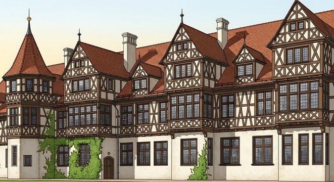 Historic european building facade with timber framing and dormer windows