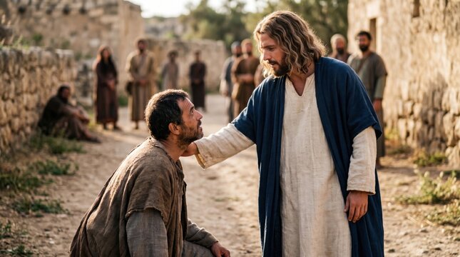 Jesus Christ healing a leper in biblical scenery. Man kneeling down to receive blessing from Jesus. Religious historical reenactment of New Testament miracle. Spiritual belief concept.