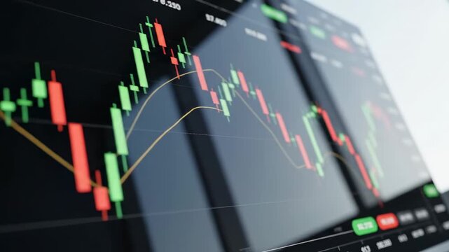Close up on a digital stock market trading chart with red and green candlesticks showing price fluctuations on a dark screen, financial data analysis