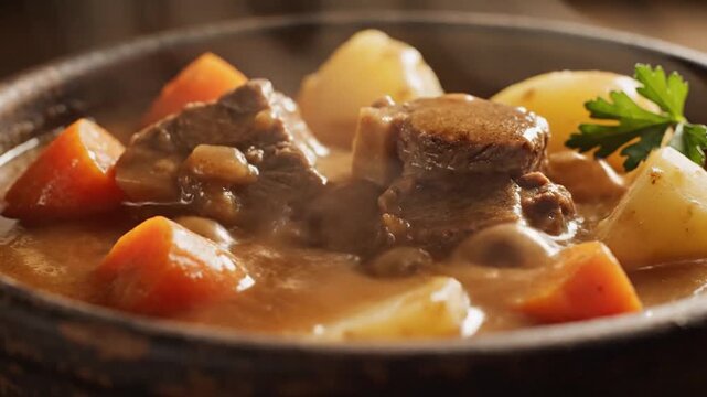 A hearty beef stew with carrots and potatoes in a rich brown gravy